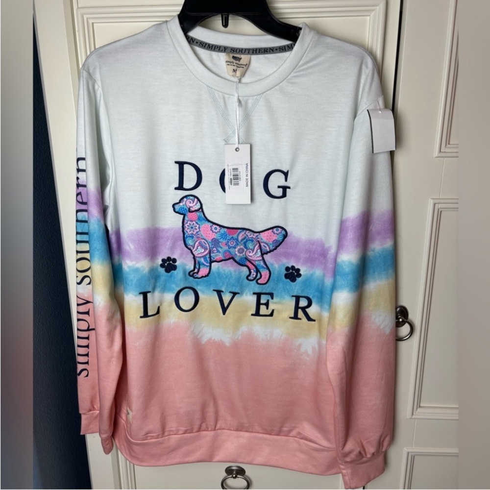 Simply Southern Embroidered Dog Lover lightweight sweatshirt rainbow long sleeve